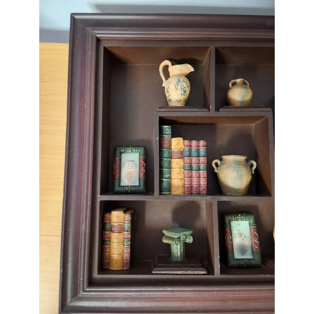 Vintage ‎ Wooden Open-Face Shadow Box Containing Books, Picture Frames And Jugs.